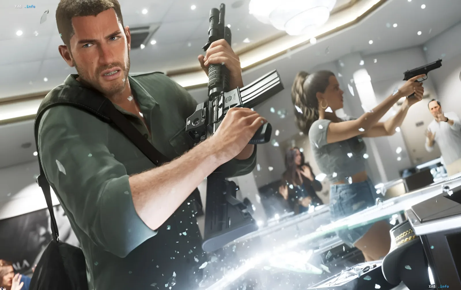 GTA 6 jewelry store heist scene: hero with rifle and partner with pistol — new Rockstar controls and sprint mechanics