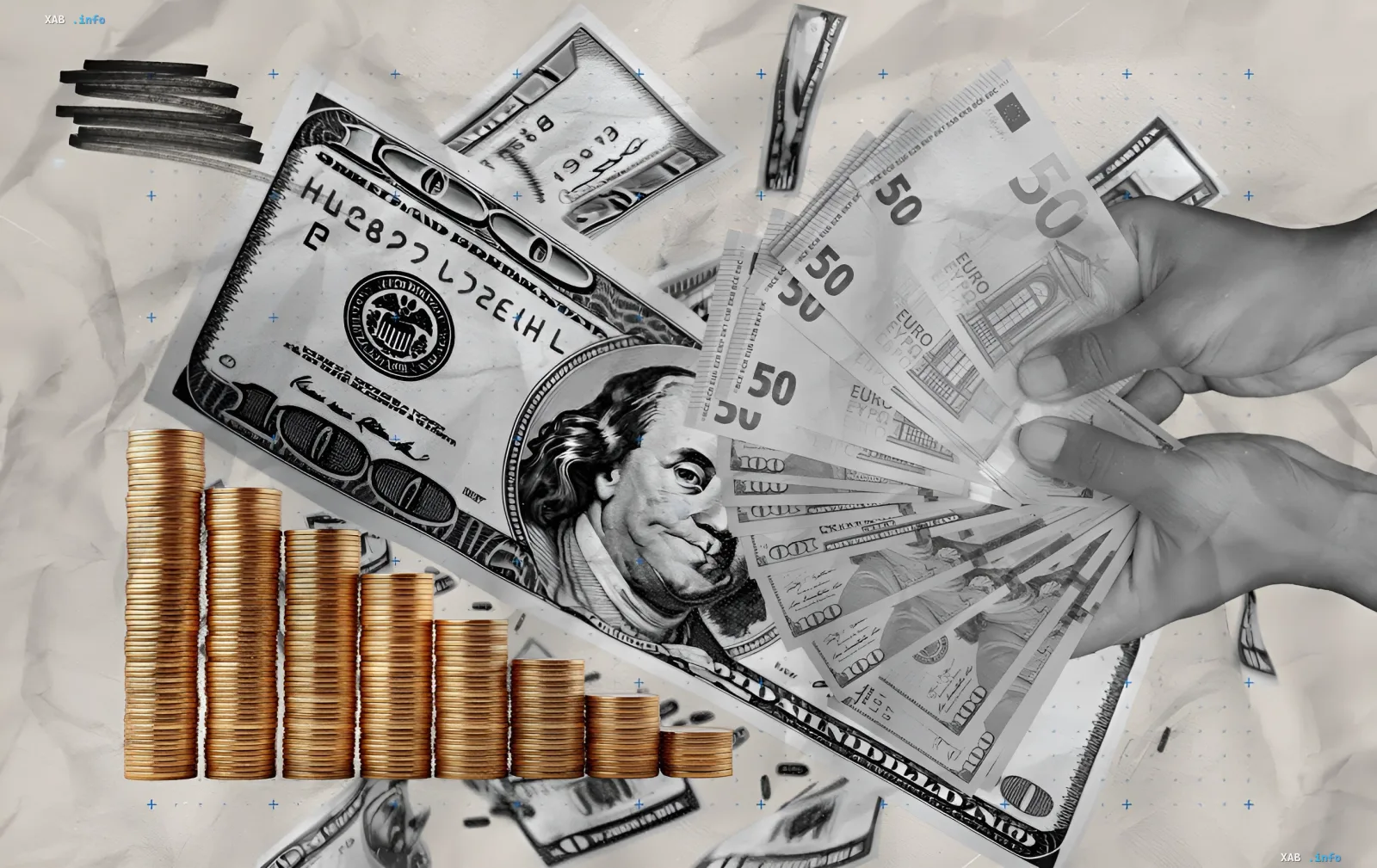 Wechselkurse am 2. September 2026: Hände mit US-Dollar und 50-Euro-Scheinen vor goldenen Münzen — wo Währung am besten kaufen und verkaufen