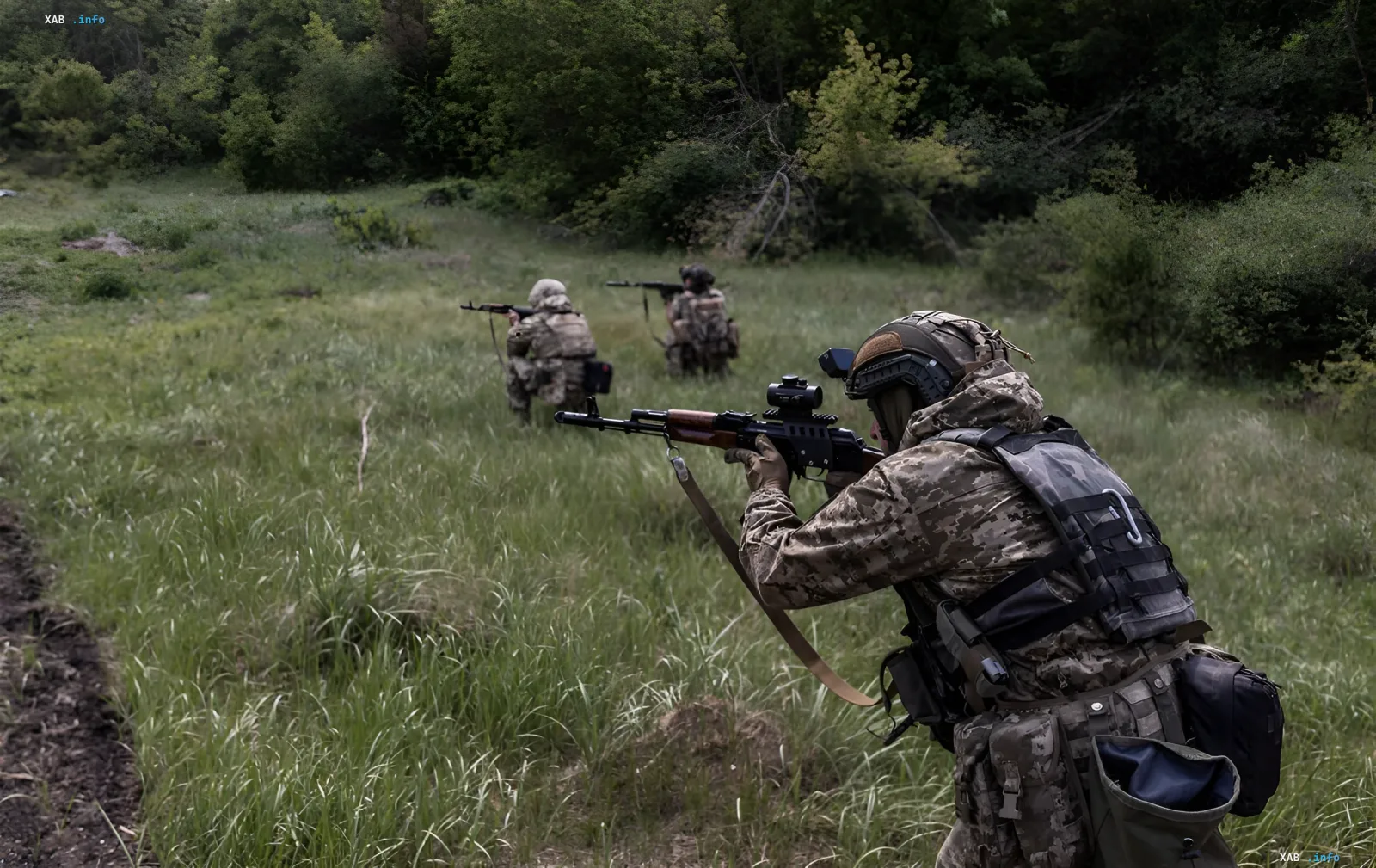 Бойцы полка «Скала» и корпуса «Азов» в ходе совместных боевых действий: военнослужащие в камуфляже ведут огонь из винтовок в полевых условиях