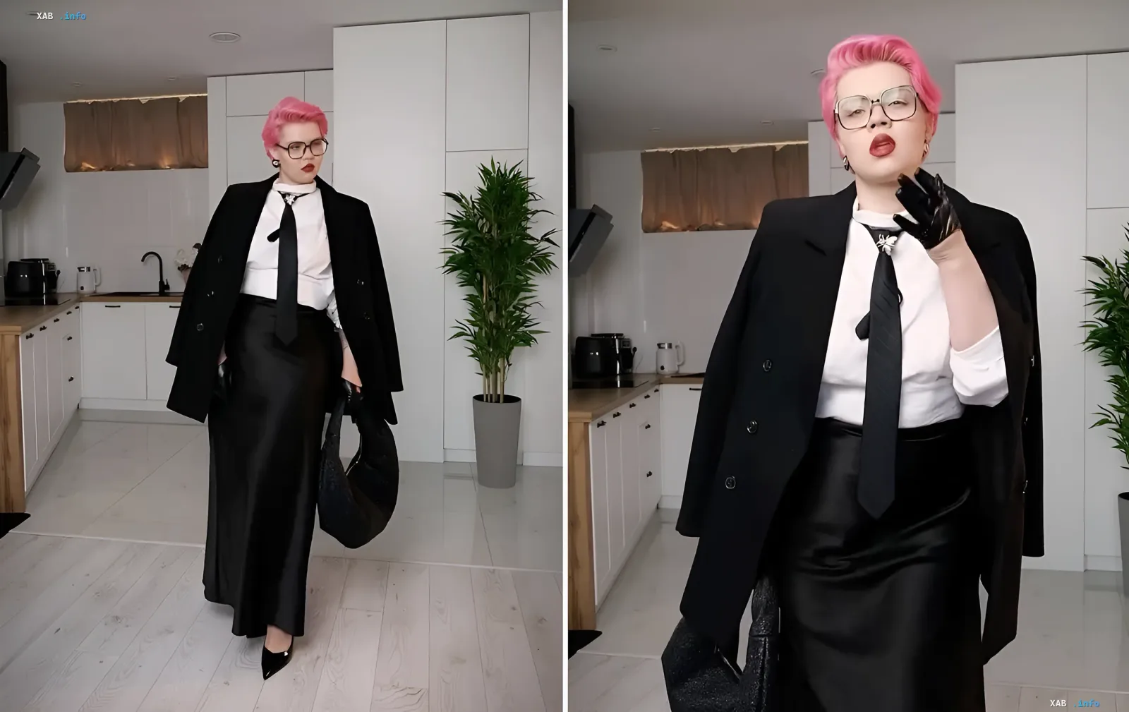 Pink-haired blogger in a luxury-classic look: thrifted white shirt, black tie, coat and skirt