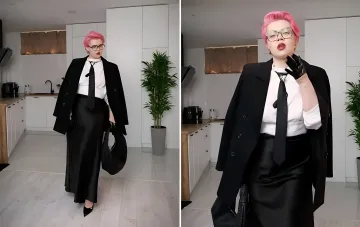 Pink-haired blogger in a luxury-classic look: thrifted white shirt, black tie, coat and skirt