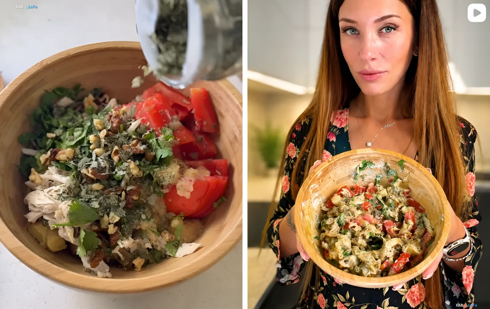 Приготовление сытного салата с курицей, томатами и зеленью в деревянной миске — рецепт Styler для ужина