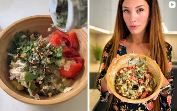 Приготовление сытного салата с курицей, томатами и зеленью в деревянной миске — рецепт Styler для ужина