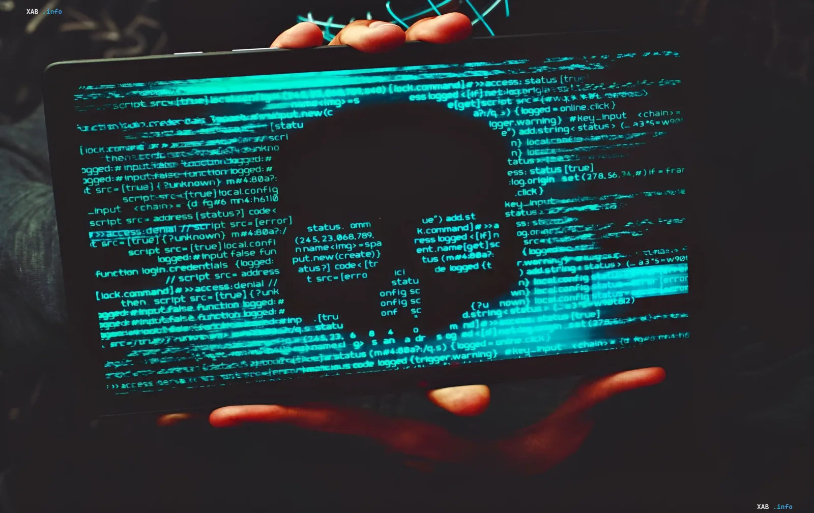 Хакер удерживает планшет с потоком кода, иллюстрирующий технику GuardBreaker для обхода ИИ-сканеров