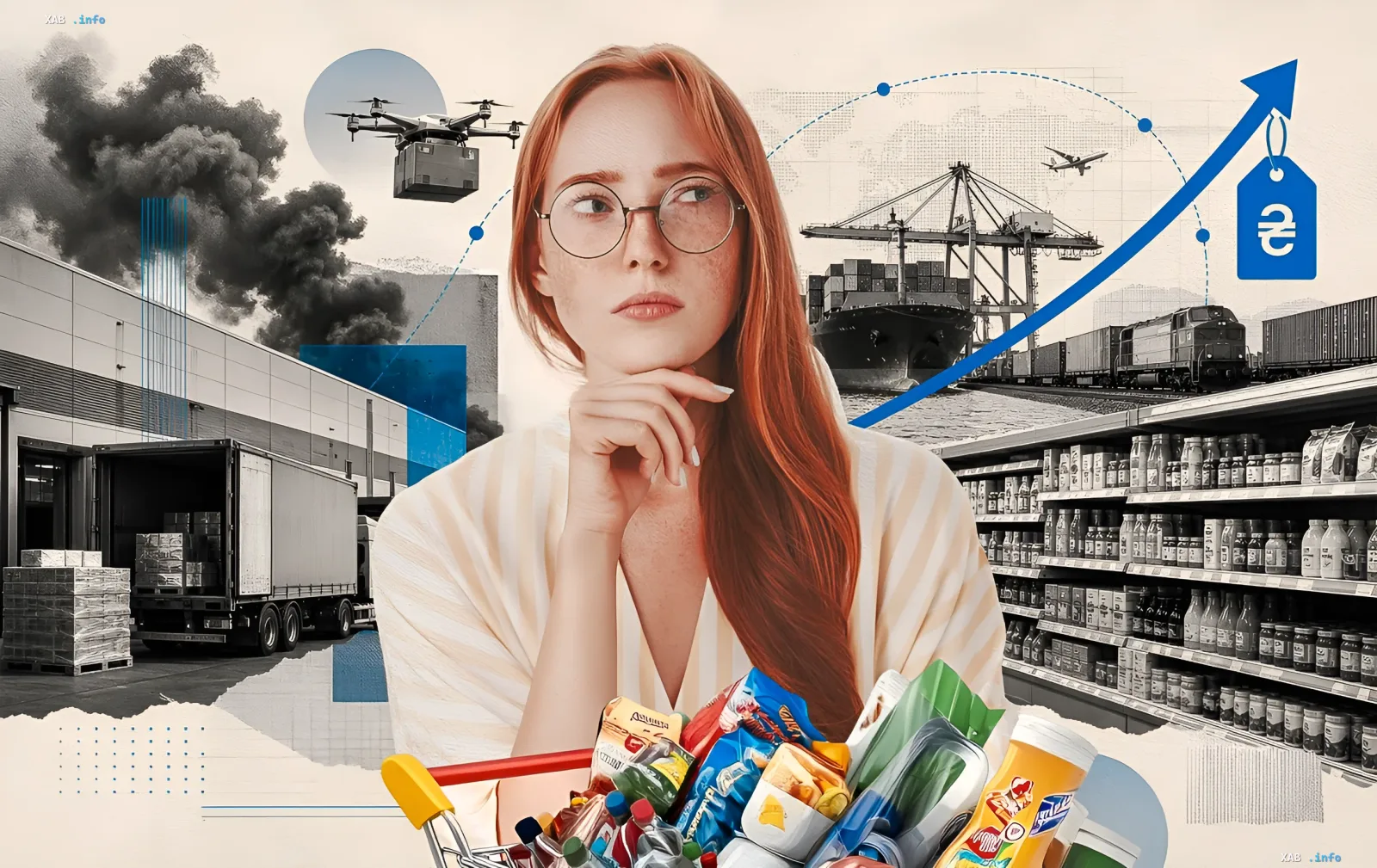 Woman with a full grocery cart against smoke, a drone, a truck, a port and a rising price arrow: strikes on logistics raise food costs in Ukraine