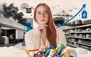 Woman with a full grocery cart against smoke, a drone, a truck, a port and a rising price arrow: strikes on logistics raise food costs in Ukraine