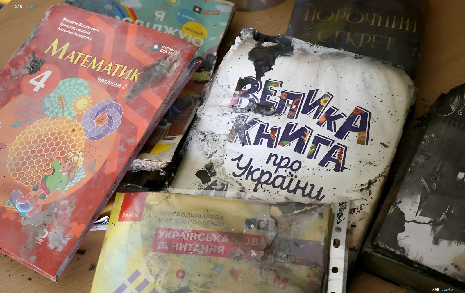 Zerstörte ukrainische Schulbücher mit verkohlten Kanten und Einbanden nach Angriffen auf Lager