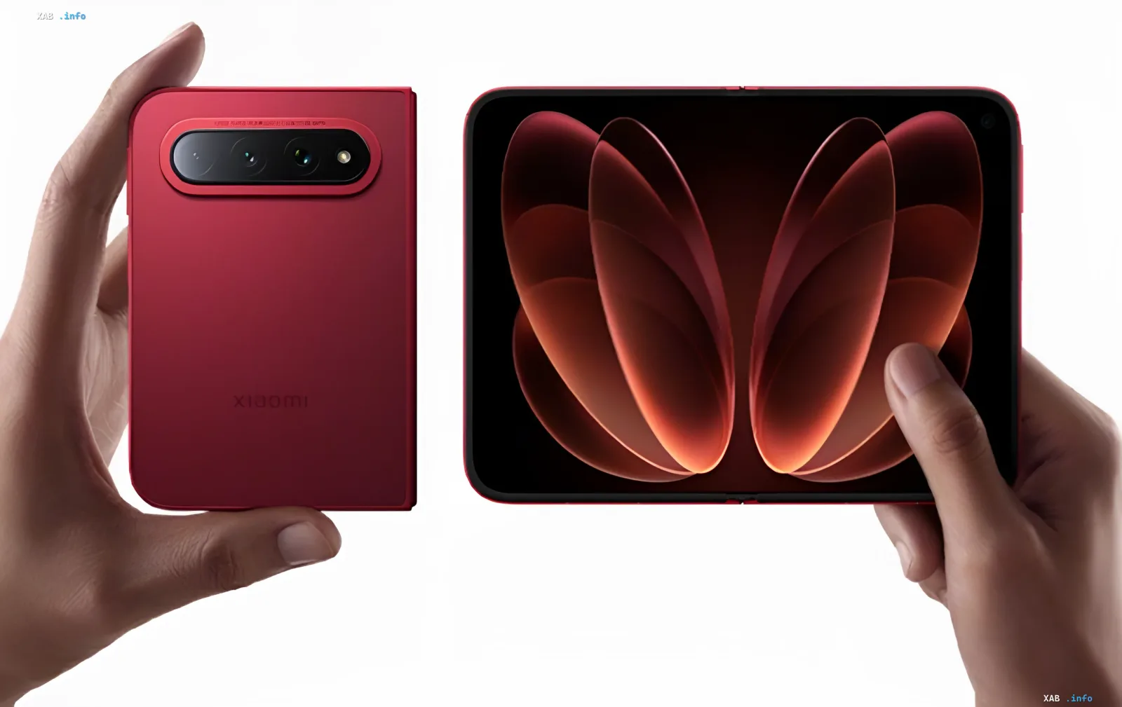 Складной смартфон Xiaomi 18 Fold в красном корпусе: задняя панель с камерой и раскрытый внутренний экран