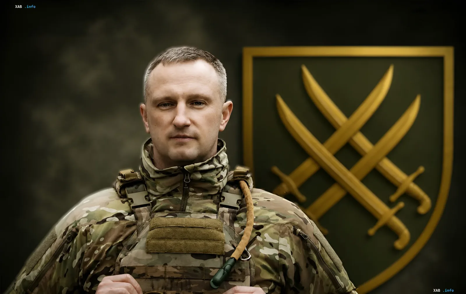 Sviatoslav Zaiets in camouflage uniform in front of the emblem of the Ukrainian Ground Forces — new commander appointed by Zelensky