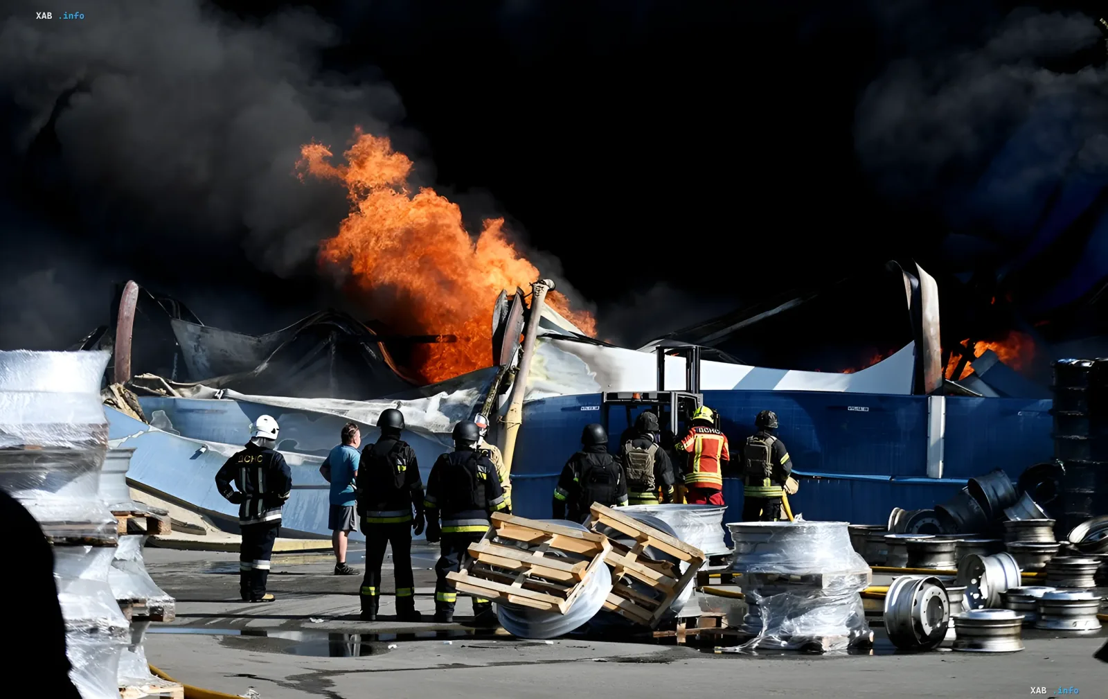 Aftermath of a Russian shelling: fire at a destroyed industrial facility and rescue workers on site — the damage that prompted Ukraine's STA to prepare a support package for affected businesses