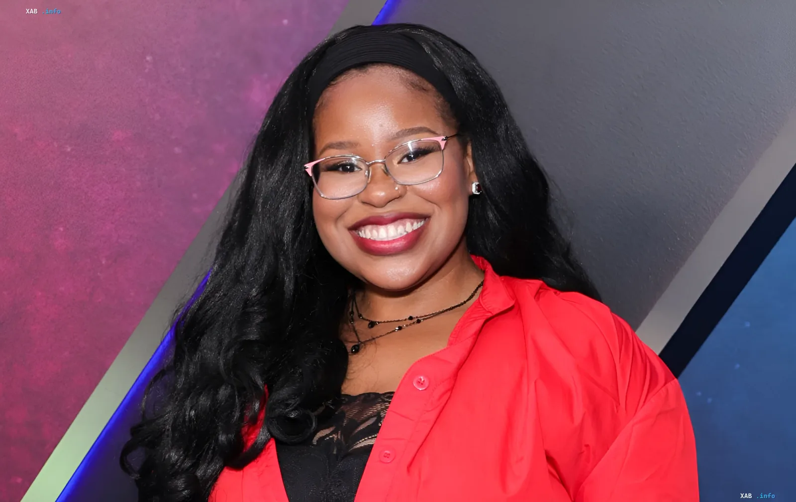 Carla Jeffery in a red shirt and pink glasses at the Disney Channel 'Zombies' premiere