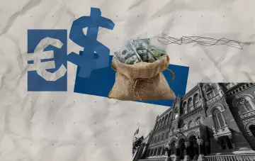 Dollar and euro symbols with a sack of cash and the NBU building — illustration of the currency rate hike to 44.72 and 51.93 UAH