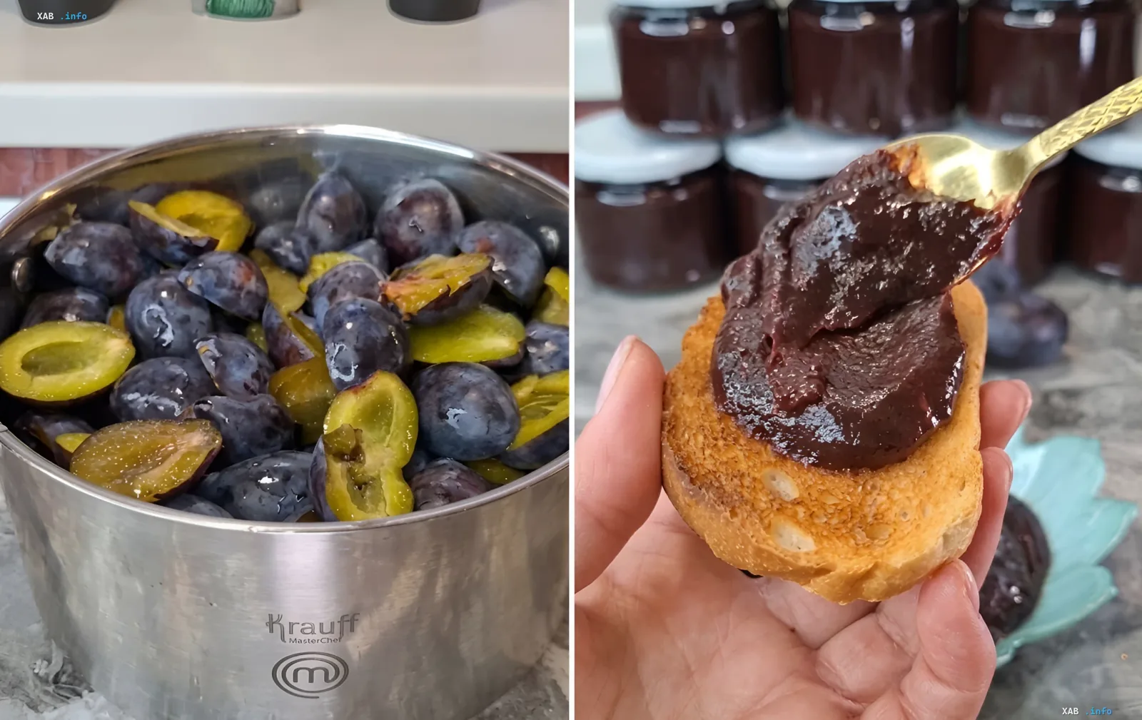 Schokopflaumenmarmelade: geschnittene Pflaumen in einem Metalltopf und fertige dickflüssige Marmelade auf einem Stück Brot — eine ungewöhnliche Methode, Früchte für den Winter einzumachen