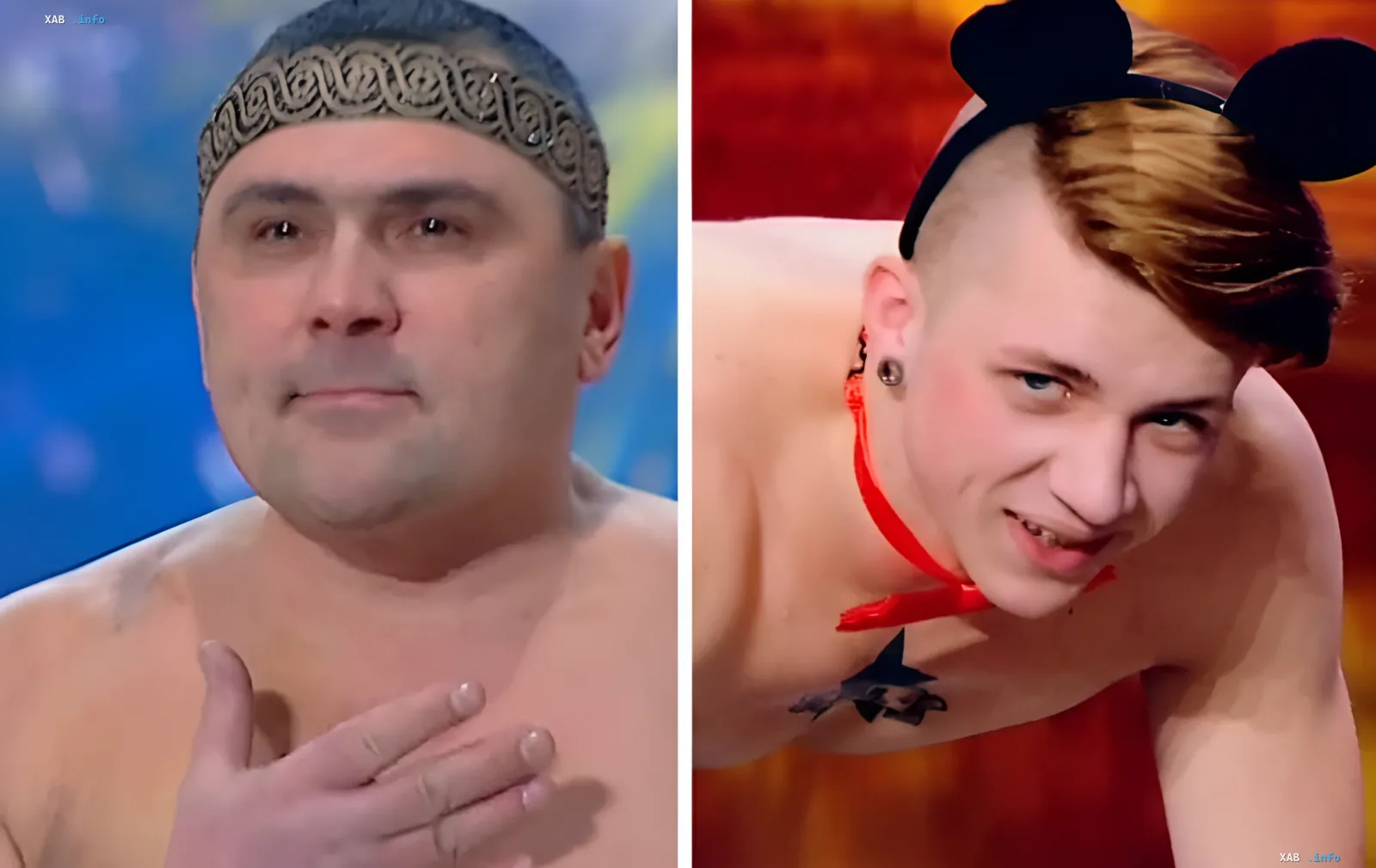 Auftritte aus Ukraine Has Talent in ungewöhnlichen Kostümen: Mann mit ornamentaler Stirnbinde und Künstler mit Mäuseohren und Stern-Tattoo