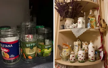 Стеклянные банки из-под огурцов и соусов до и после переделки в декоративные ёмкости для хранения на кухне