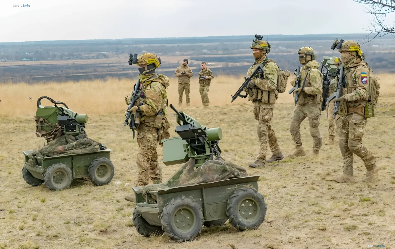 Soldiers of the 7th Corps DShV conducting a tactical operation with unmanned platforms and ATGM systems in an open field