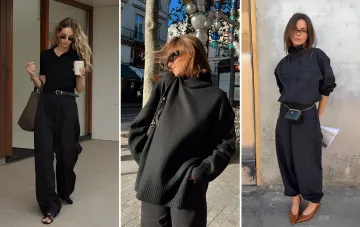 Drei All-Black-Outfits mit unterschiedlichem Schnitt: ein enges Top, ein Oversize-Pullover und ein lockeres Hemd mit weiten Hosen — ein Beweis, dass Schwarz nicht immer schlank macht