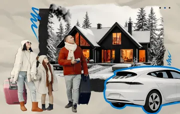 Family with luggage in front of a modern self-sufficient snow-covered house with an electric car — rental housing near Kyiv amid blackouts