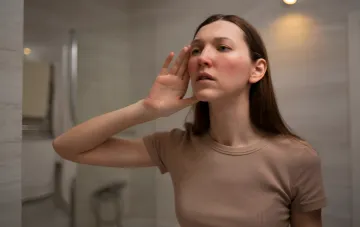 A woman with red, burning cheeks touching her face, illustrating the folk superstition about heat on the cheeks