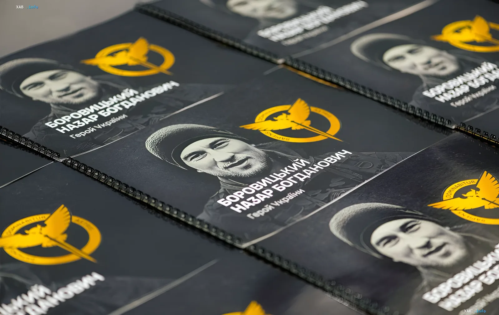 Экземпляры книги о разведчике ГУР Назаре Боровицком с портретом героя Украины и жёлтым логотипом на чёрной обложке, представленные в Киеве