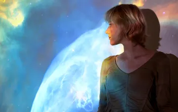 Woman in profile against a glowing projection of Earth — illustration for the September 4–6 magnetic storm forecast