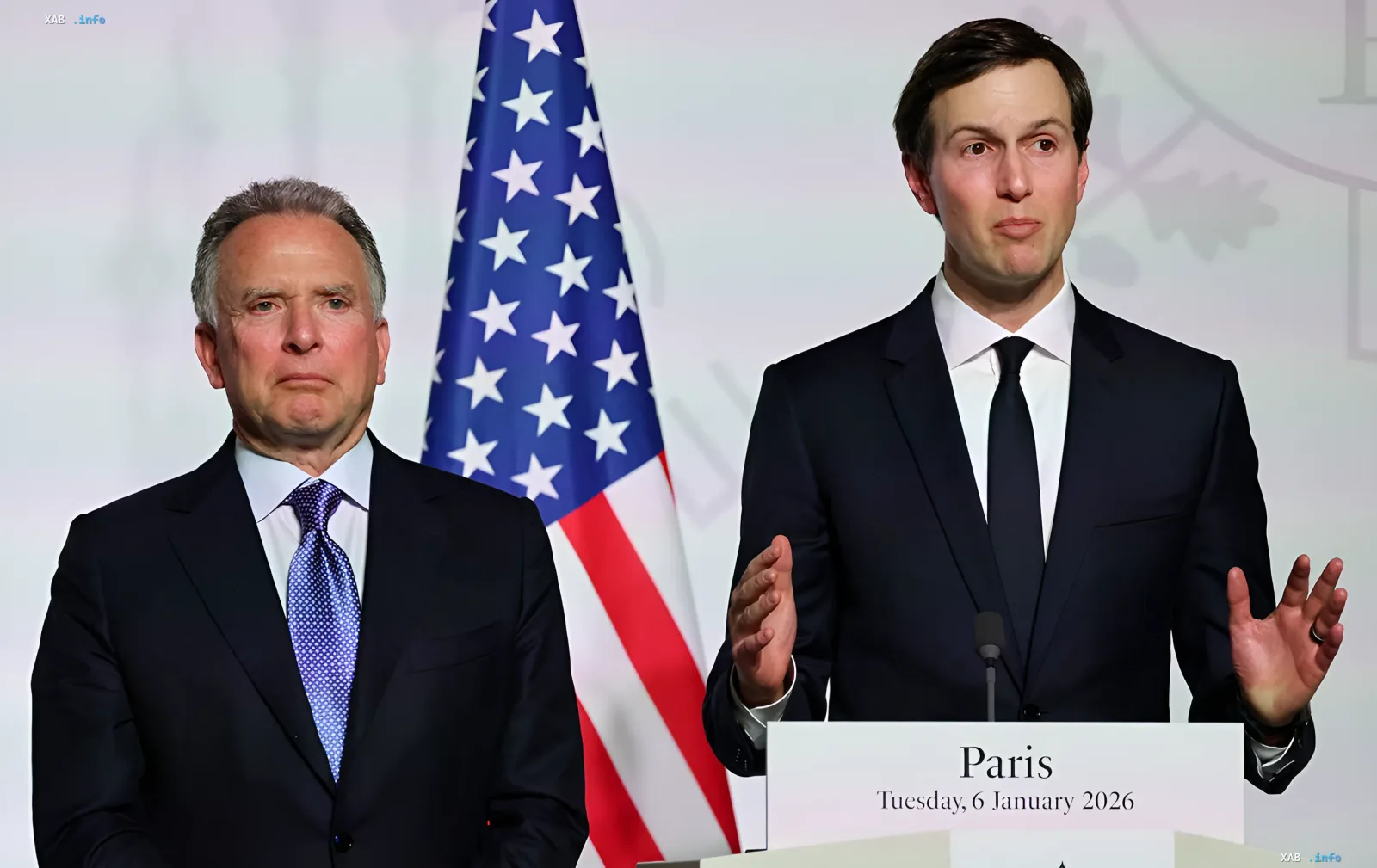 Stephen Witkoff and Jared Kushner in front of the US flag ahead of their Moscow trip for Ukraine talks