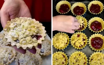 Домашние корзинки с вишней: руки насыпают тёртую макушку в формочки с кислой вишнёвой начинкой и держат готовую пышную выпечку
