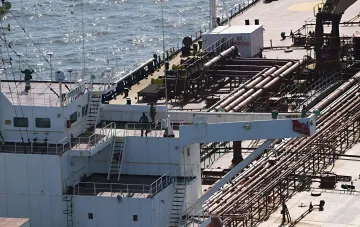 Deck of the shadow-fleet tanker HANUMAN with pipelines and superstructure; Albania closed the port of Durrës to it