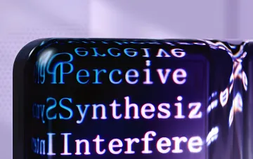 Глянцевый чип с неоновыми надписями Perceive, Synthesize и Interfere — визуализация ИИ Google Gemini, выдвинувшего научную гипотезу за 48 часов