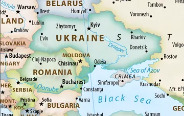 Карта Восточной Европы, где Крым изображён отдельным блоком, оторванным от территории Украины, в проекции Equal Earth, ставшей причиной отказа Украины голосовать за резолюцию ООН