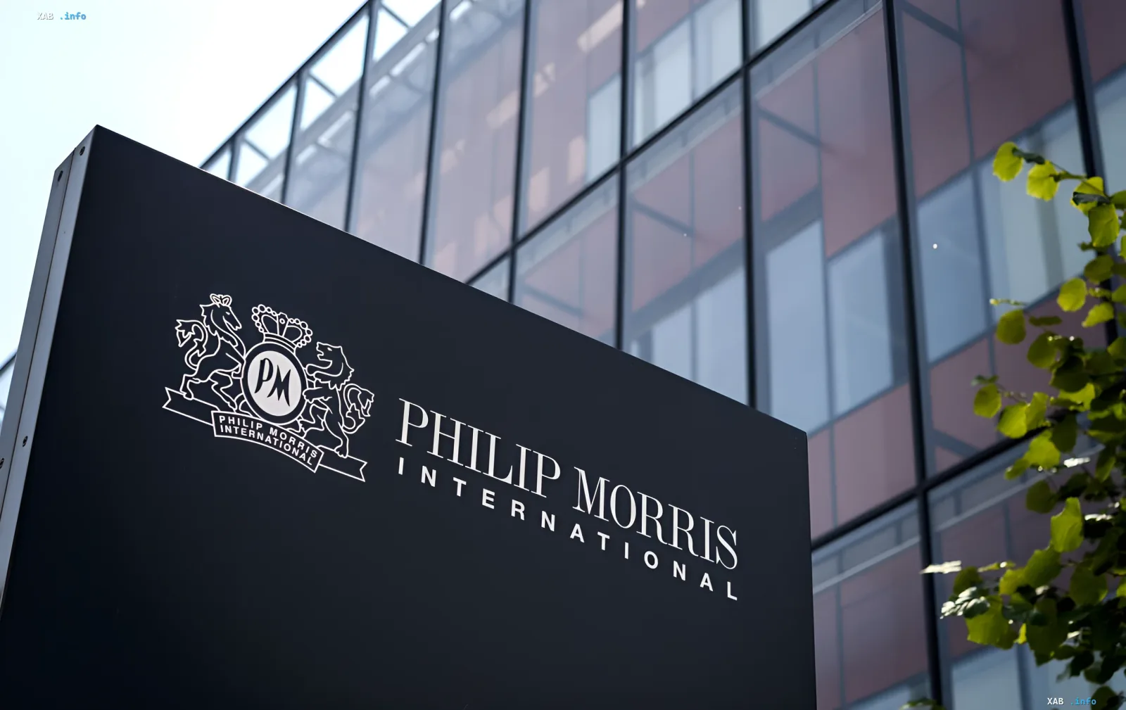 Philip Morris International logo on the company office sign, as the firm demands a review of excise stamp write-off rules in Ukraine