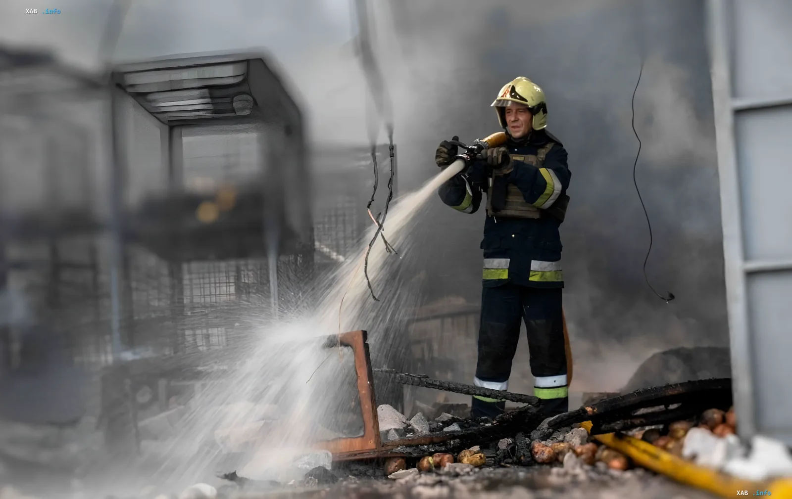 Feuerwehrmann löschte einen Brand auf dem beschädigten Markt „7. Kilometer“ bei Odessa nach einem russischen Angriff