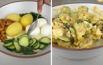 Японский картофельный салат с курицей: слева ингредиенты — отварной картофель, яйца, огурцы и курица в кремовом соусе, справа готовый салат с нежной кремовой текстурой