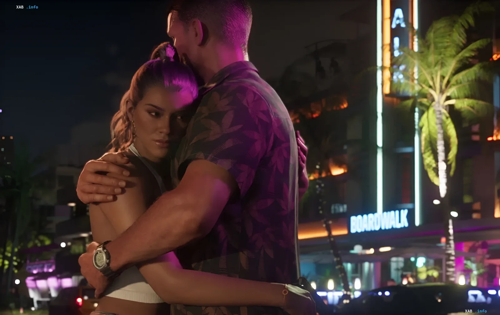 GTA 6: Джейсон и Люсия в ночном обнимании у неоновой вывески Boardwalk — романтическая пара с разными боевыми стилями