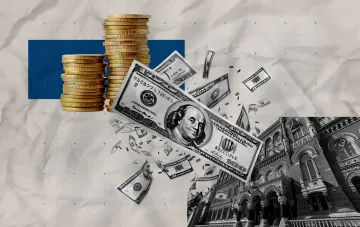 Schematic illustration of the NBU exchange rate: stacks of gold coins, flying US dollar bills and a bank building on a crumpled paper background