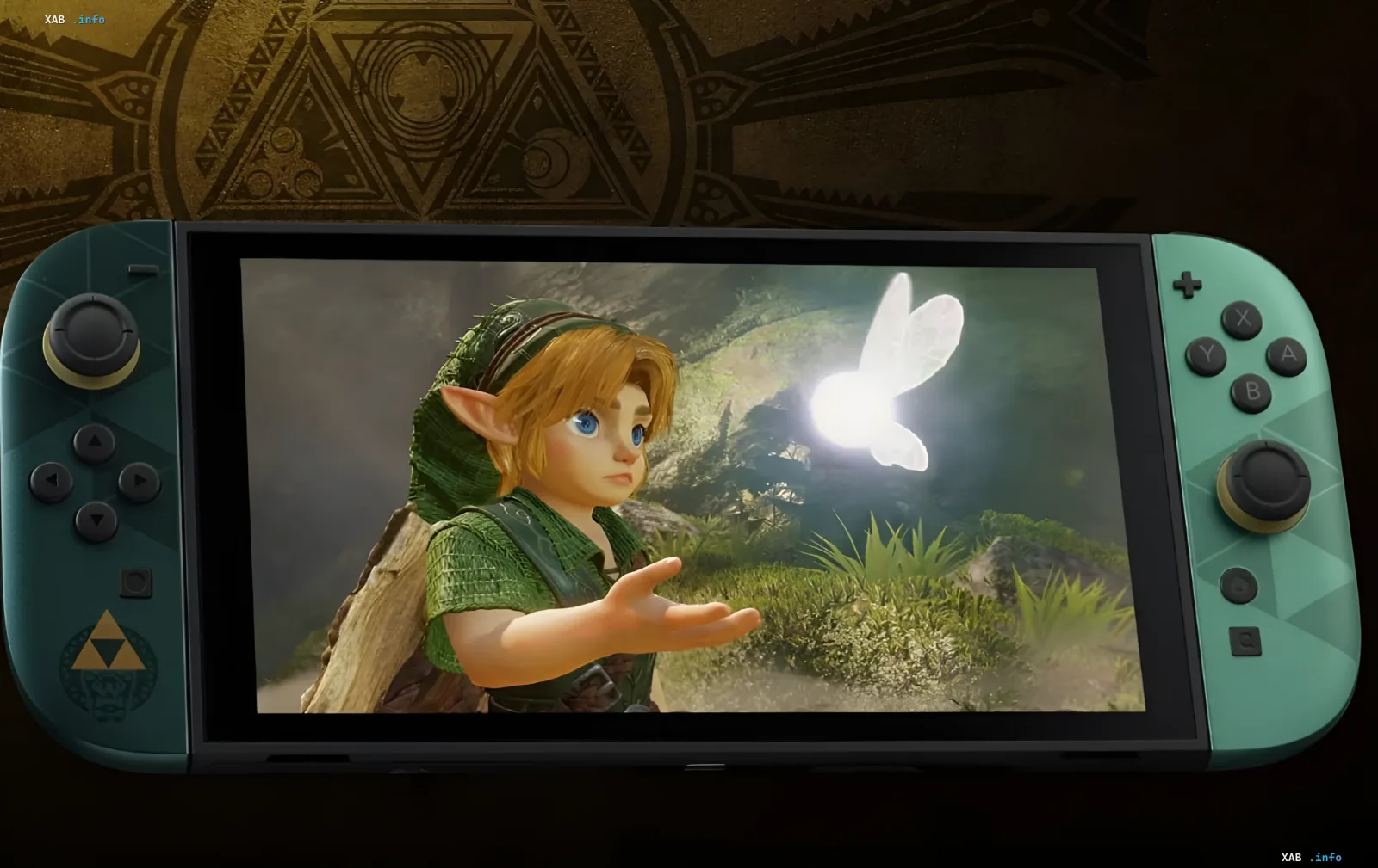 Юбилейная Nintendo Switch с зелёными Joy-Con и логотипом Triforce, на экране Link из The Legend of Zelda к 40-летию серии