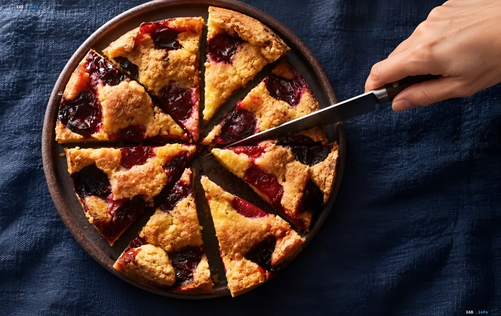 Legendärer Zwetschgenkuchen der New York Times nach dem Rezept von 1983, in einer 22-cm-Form in Stücke geschnitten, mit goldener Kruste und glänzender dunkler Zwetschgenfüllung