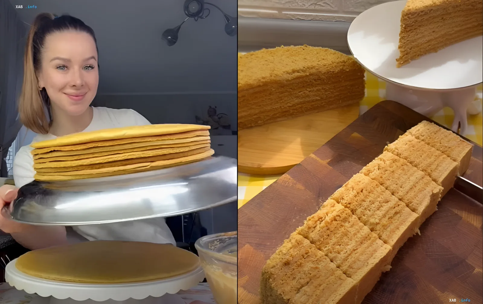 Домашний медовик из тонких коржей: процесс сборки и нарезка готового торта
