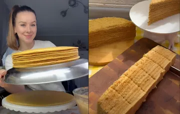 Домашний медовик из тонких коржей: процесс сборки и нарезка готового торта