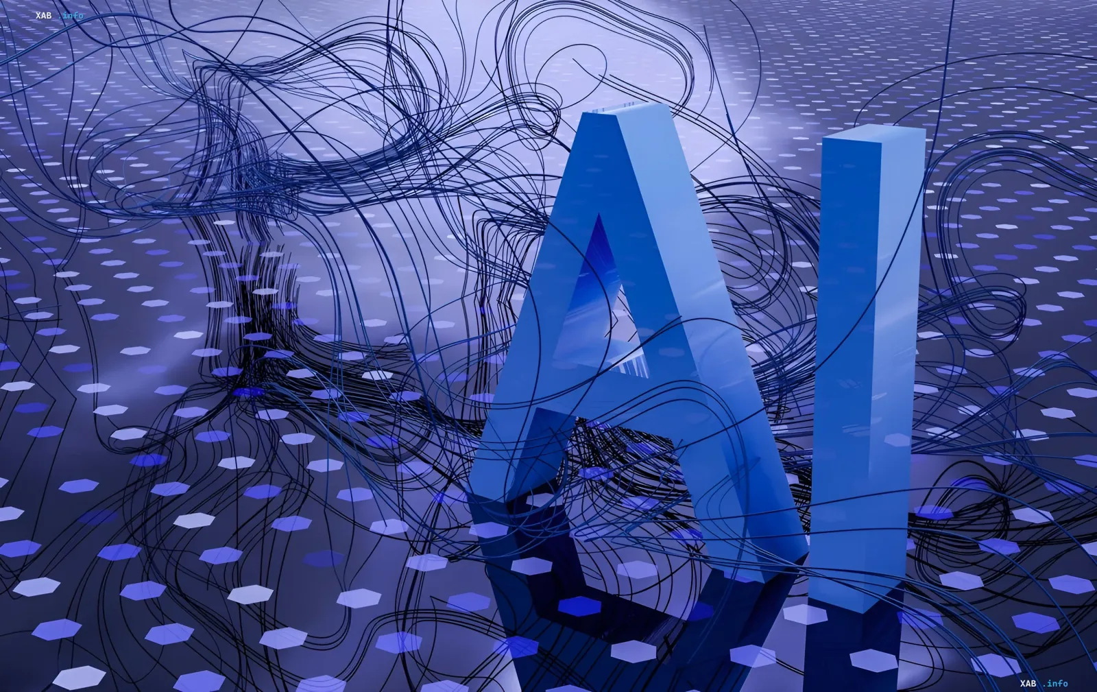 Stilisierter Buchstabe A aus blauem Glas, umwickelt von chaotischen Drähten, der die Komplexität und die 'außerirdische' Natur der künstlichen Intelligenz von OpenAI symbolisiert