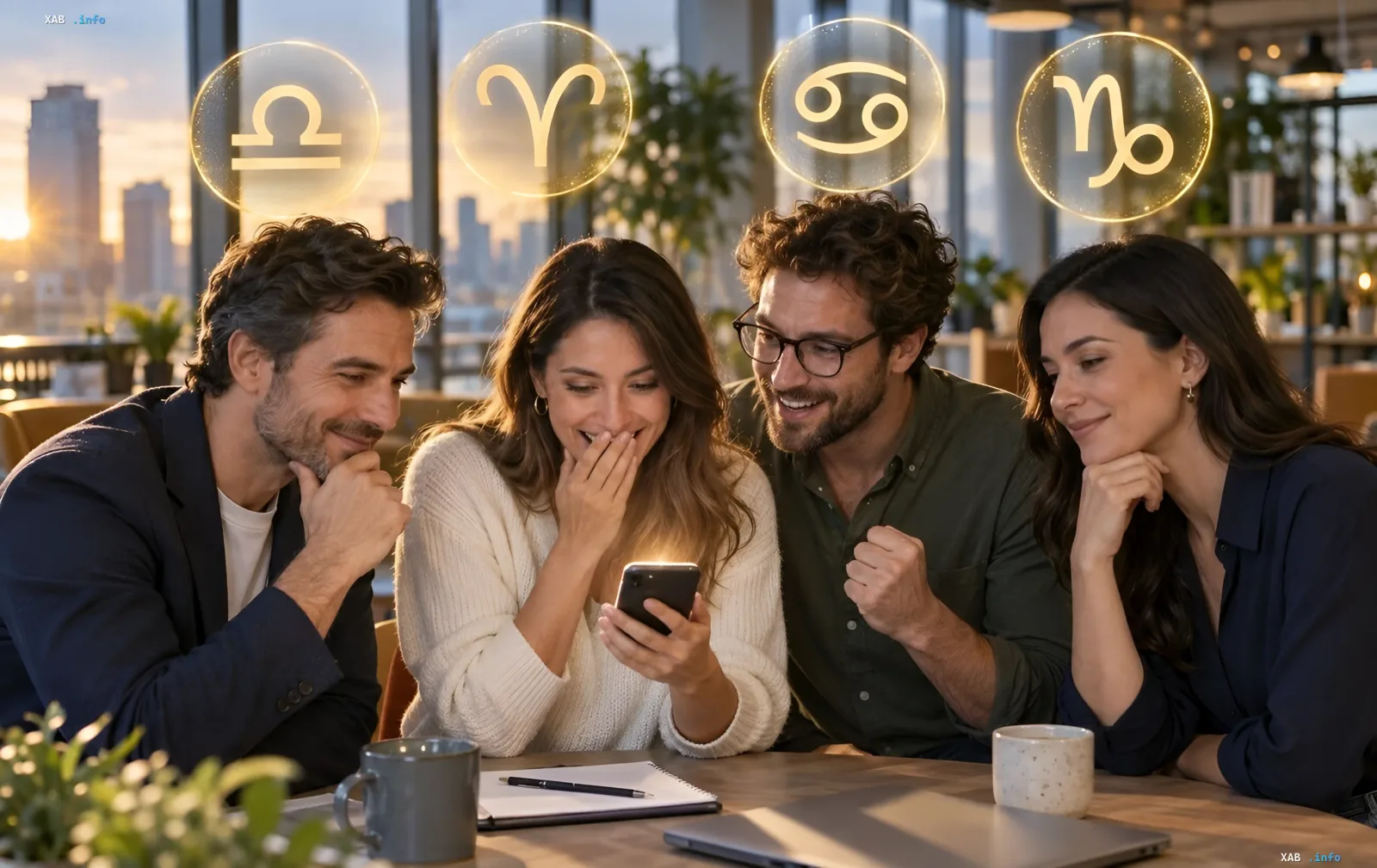 Vier Freunde schauen in einem Büro auf ein Smartphone, über ihren Köpfen leuchten Sternzeichen-Symbole