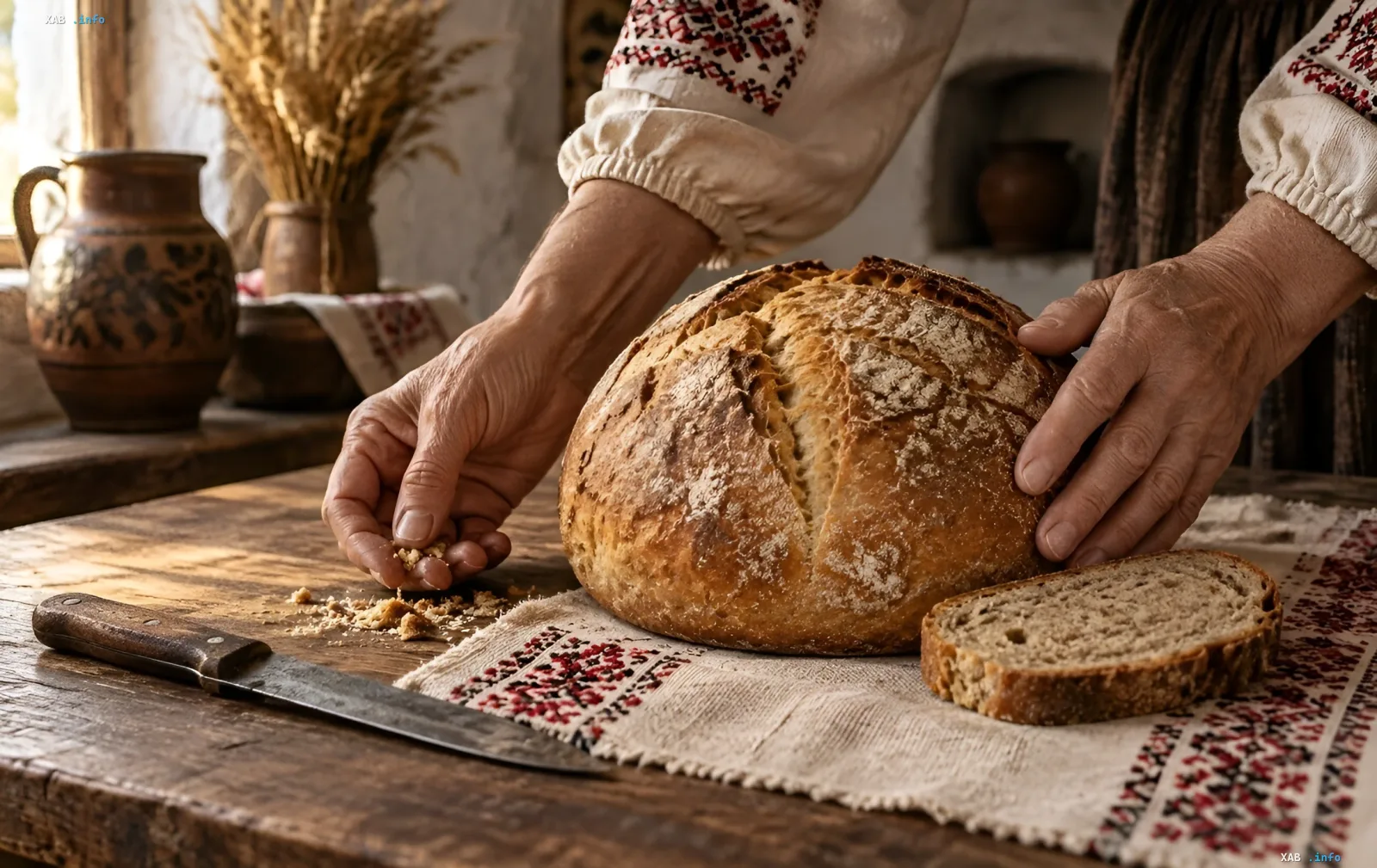 An elderly woman in an embroidered shirt gently holds a round loaf of bread on a wooden table, reflecting the Ukrainian folk tradition of bread as a sacred blessing