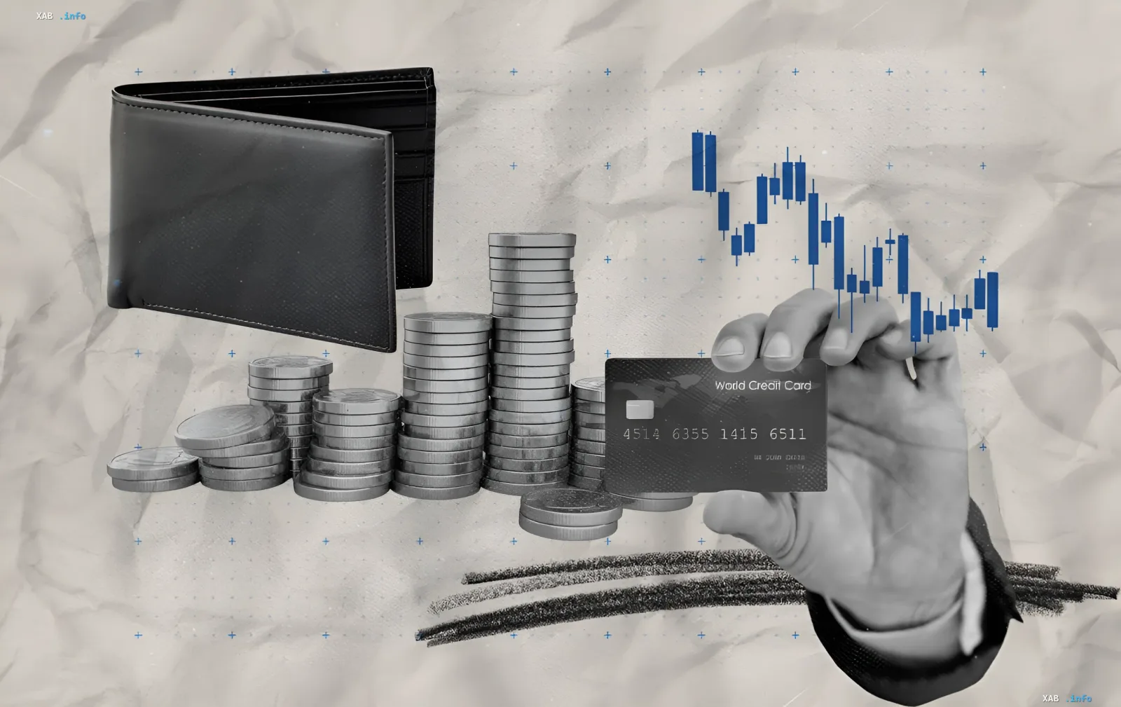 Schematische Illustration der NBU-Wechselkurse: Geldbörse, Münzstapel, Kreditkarte und Kurschart im Kontext des e-Hrywnja-Launches