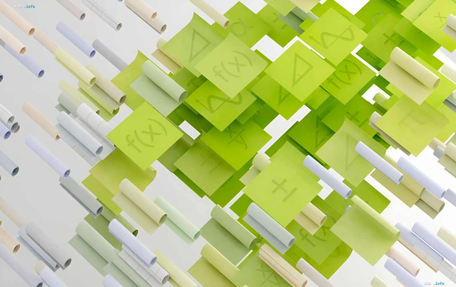 Abstrakte 3D-Visualisierung mathematischer Formeln und Symbole auf grünen Karten zwischen pastellfarbenen Papierrollen — Metapher für die KI-Lösung des Millennium-Problems durch OpenAI und den Datenstrom