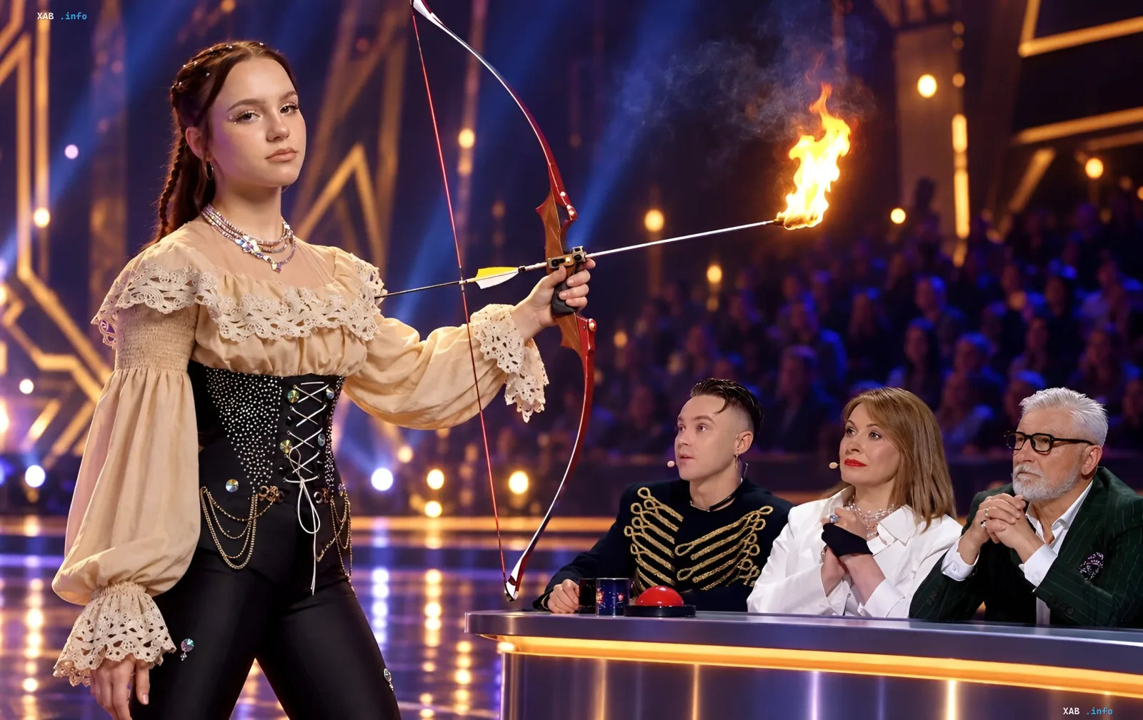 15-jährige Guinness-Rekordhalterin auf der Bühne von «Ukraina mae Talent» mit Bogen und flammendem Pfeil, die Jury beobachtet die Darbietung