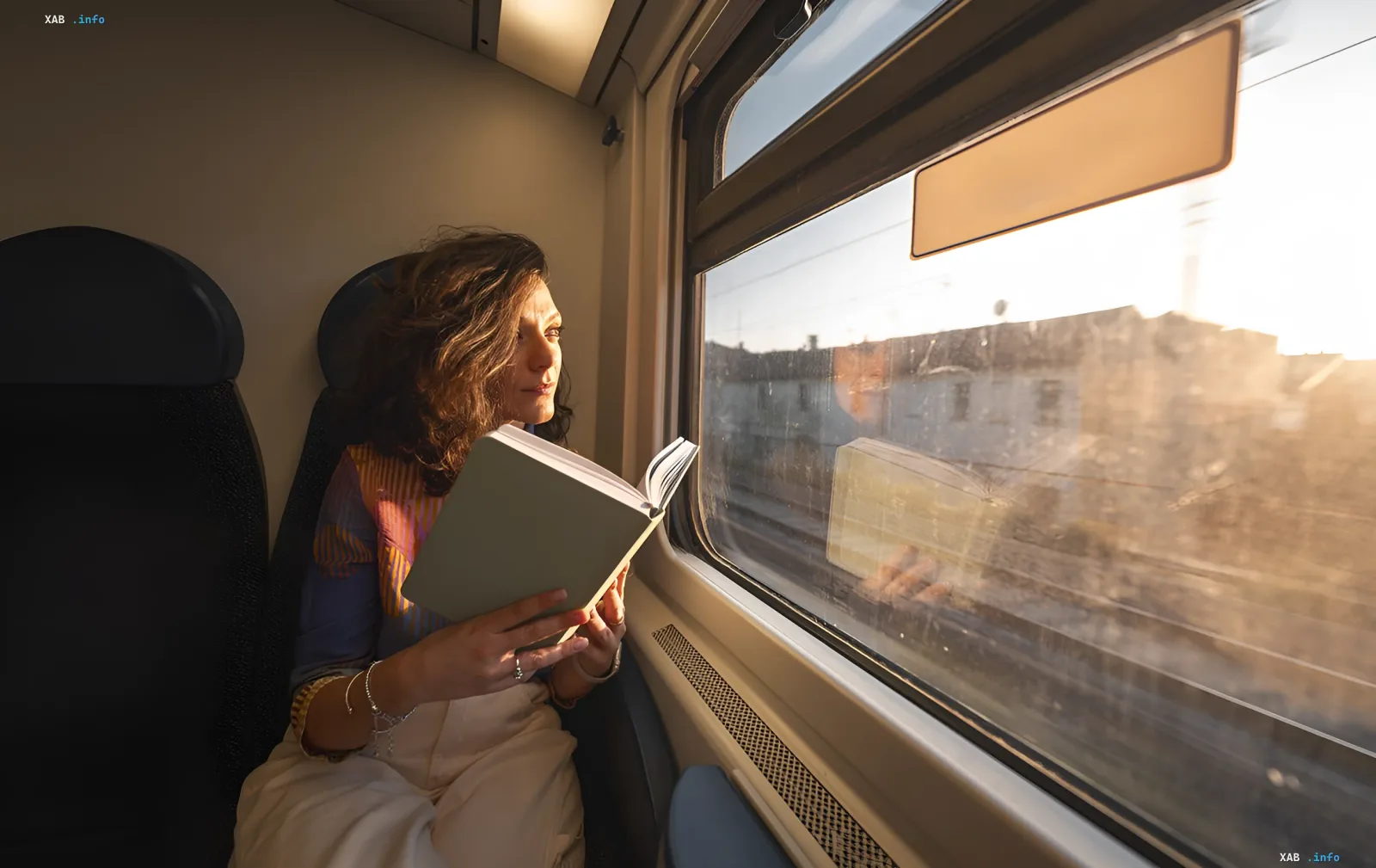 Passenger reading a book in a UZ train carriage at sunset