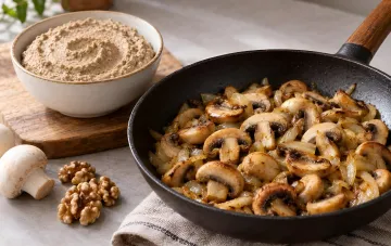Creamy mushroom pate in a bowl next to a pan of sautéed mushrooms and onions, fresh mushrooms and walnuts — Ilona Shevchuk's recipe