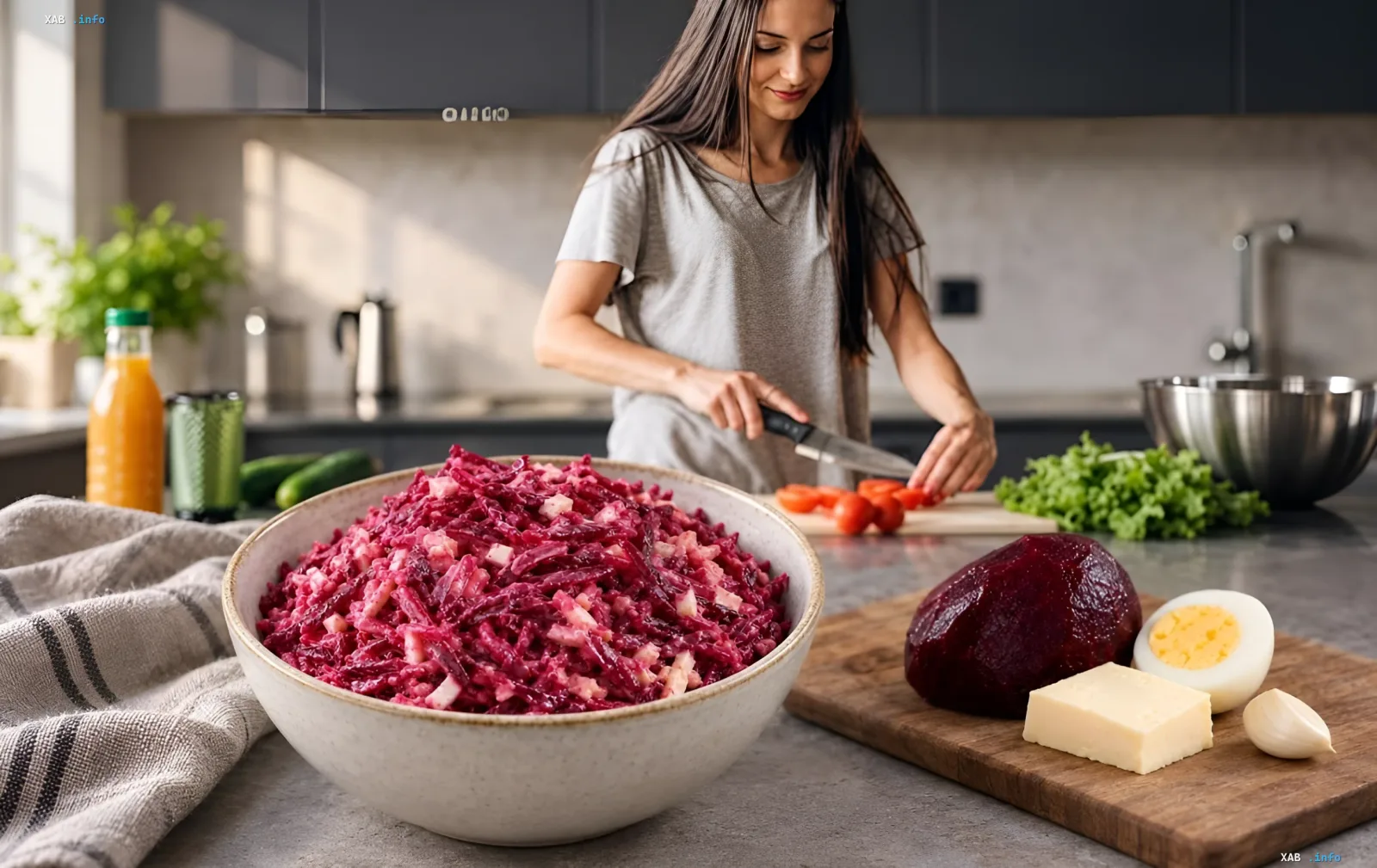 Autumn beetroot salad with cream cheese in a bowl on the kitchen counter next to a whole beet, a piece of cheese and a boiled egg, with a woman chopping vegetables in the background