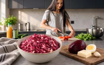 Осенний салат из свеклы с плавленым сыром в миске на кухонном столе рядом с целой свеклой, куском сыра и вареным яйцом, женщина режет овощи на фоне