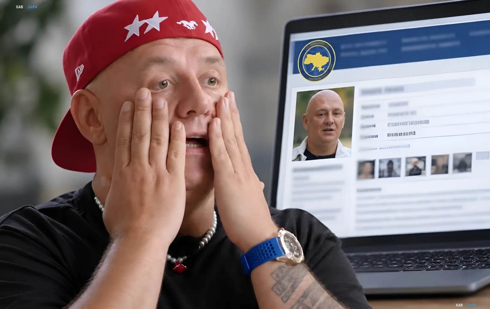 Potap in shock looking at a laptop screen displaying his profile in the 'Myrotvorets' database